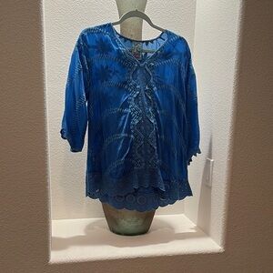 Johnny Was Blue Asymmetrical Tunic with Scoop Neck and 3/4 Sleeves